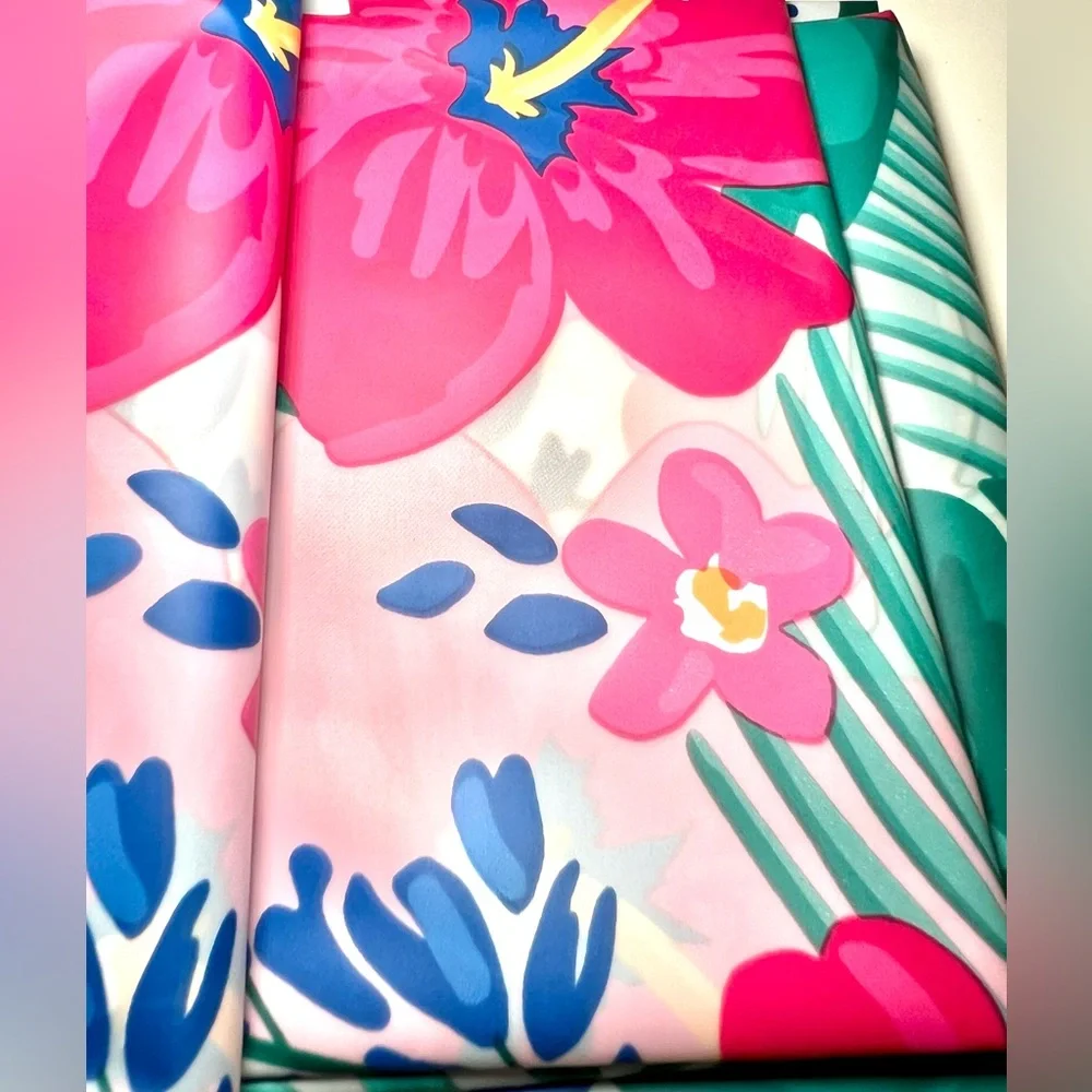 Tropical Fiesta Hibiscus Flowers & Leaves Peva Shower Curtain Pink Green